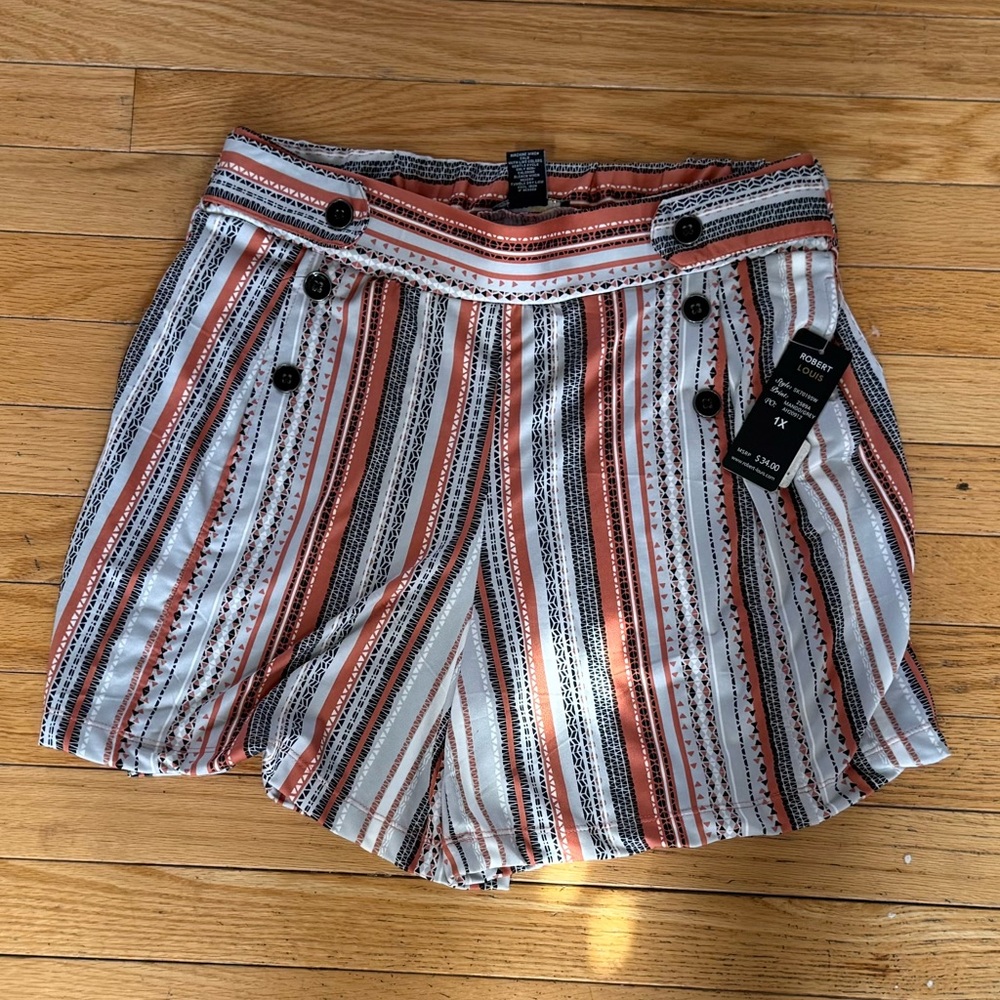 NWT Robert Louis Rust and White multicolored Striped High-Waist Shorts. Size 1X